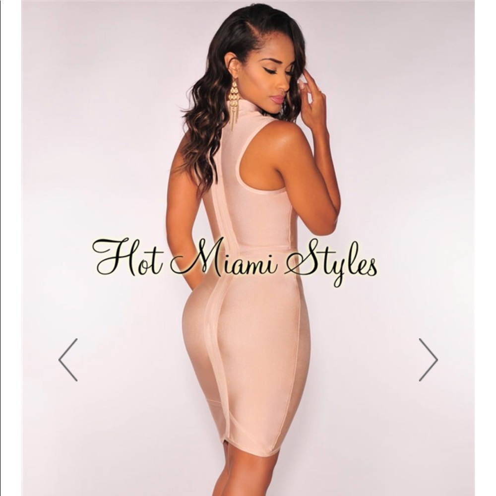 Nude Mock Neck Arched Bandage Dress